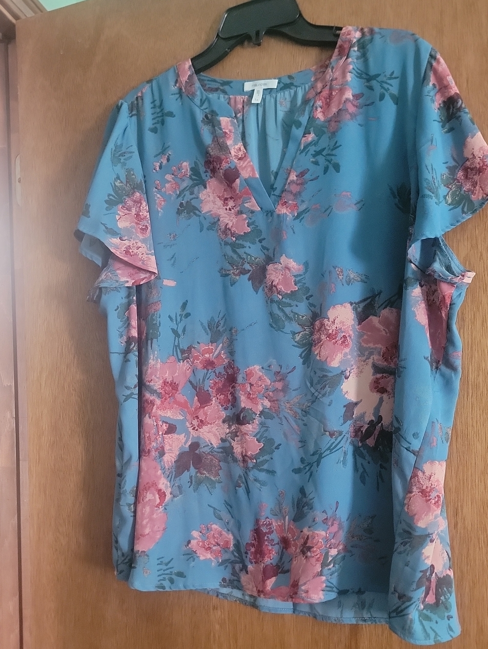 Maurices Teal Blue Floral V-Neck Ruffle Sleeve Blouse